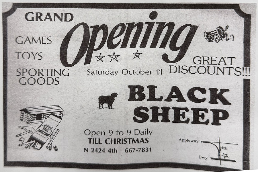 October 1975 newspaper ad for the Black Sheep grand opening at N 2424 4th, featuring games, toys and sporting goods.