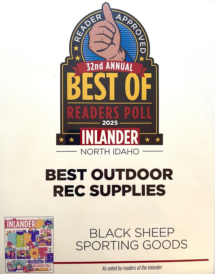 Inlander 32nd Annual Best Of Readers Poll 2025 award naming Black Sheep Sporting Goods Best Outdoor Rec Supplies in North Idaho.